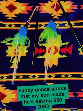 Handmade Dance Sticks with Blue & Neon Green Feathers
